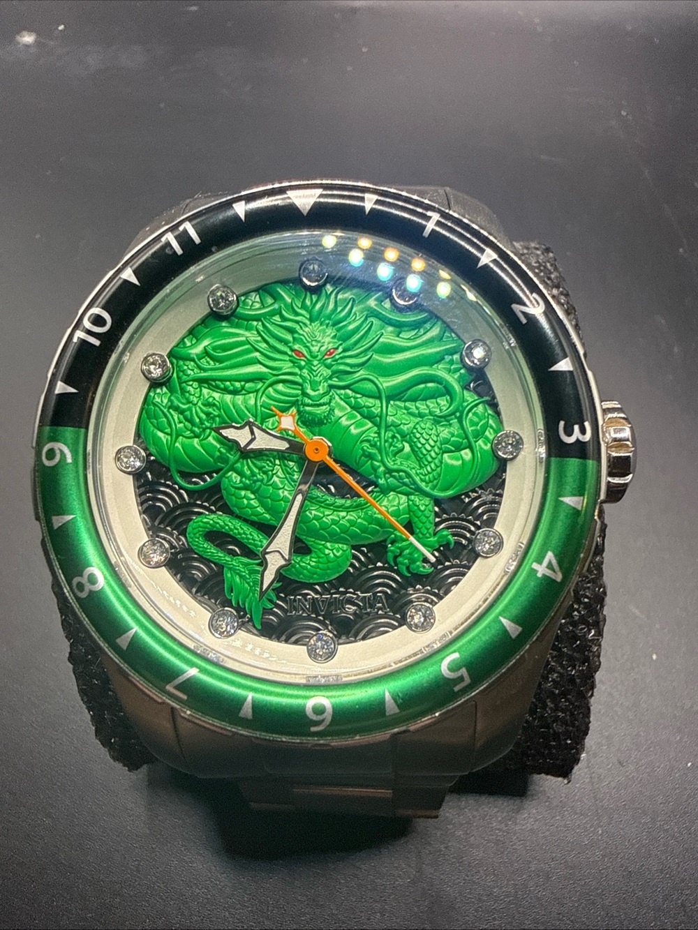 Invicta Green Dragon Dial Silver-Tone Watch with Orange Accent